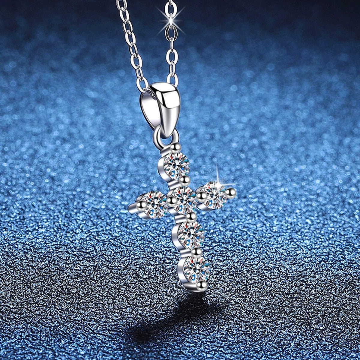 Multi-Stone Cross Moissanite Pendant Necklace in Platinum-Plated S925 Sterling Silver blue background product view