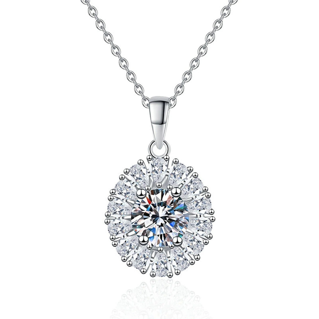 Sunburst Halo Moissanite Pendant Necklace in Platinum-Plated S925 Sterling Silver on clean white background