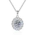 Sunburst Halo Moissanite Pendant Necklace in Platinum-Plated S925 Sterling Silver on clean white background