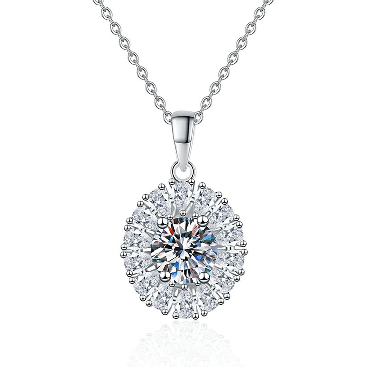 Sunburst Halo Moissanite Pendant Necklace in Platinum-Plated S925 Sterling Silver on clean white background