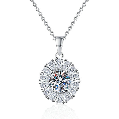 Sunburst Halo Moissanite Pendant Necklace in Platinum-Plated S925 Sterling Silver on clean white background