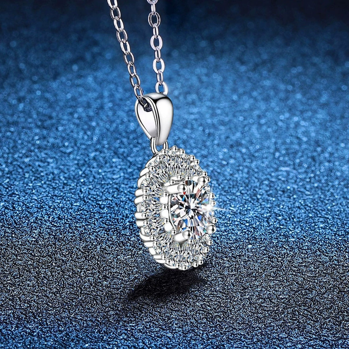 Sunburst Halo Moissanite Pendant Necklace in Platinum-Plated S925 Sterling Silver blue background product view