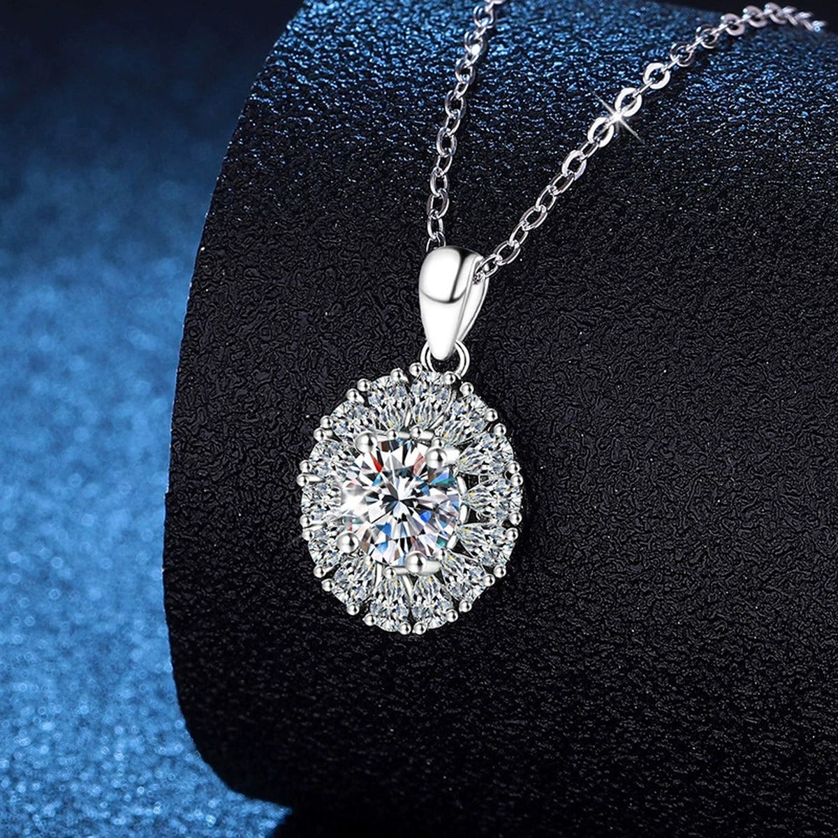 Sunburst Halo Moissanite Pendant Necklace in Platinum-Plated S925 Sterling Silver dark background product display view