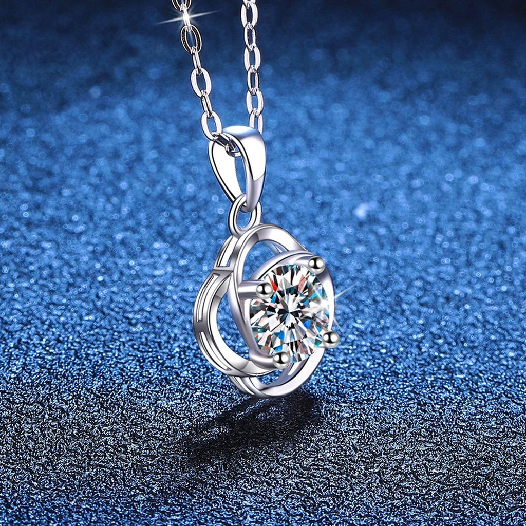 Round Loop Moissanite Pendant Necklace in Platinum-Plated S925 Sterling Silver blue background product view