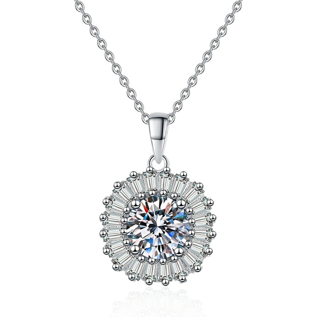 Baguette Halo Moissanite Pendant Necklace in Platinum-Plated S925 Sterling Silver on clean white background