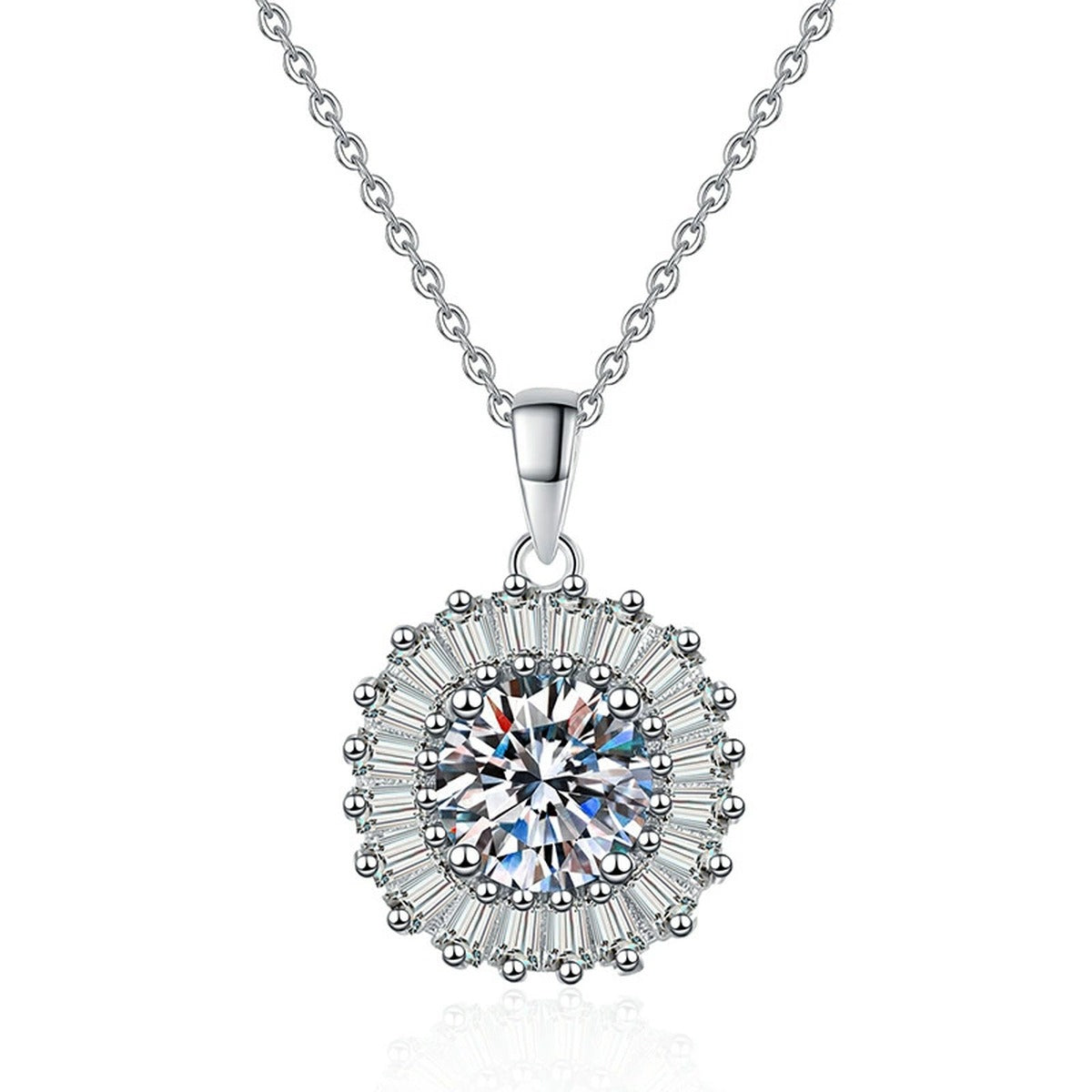 Baguette Halo Moissanite Pendant Necklace in Platinum-Plated S925 Sterling Silver on clean white background
