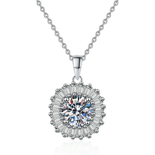 Baguette Halo Moissanite Pendant Necklace in Platinum-Plated S925 Sterling Silver on clean white background