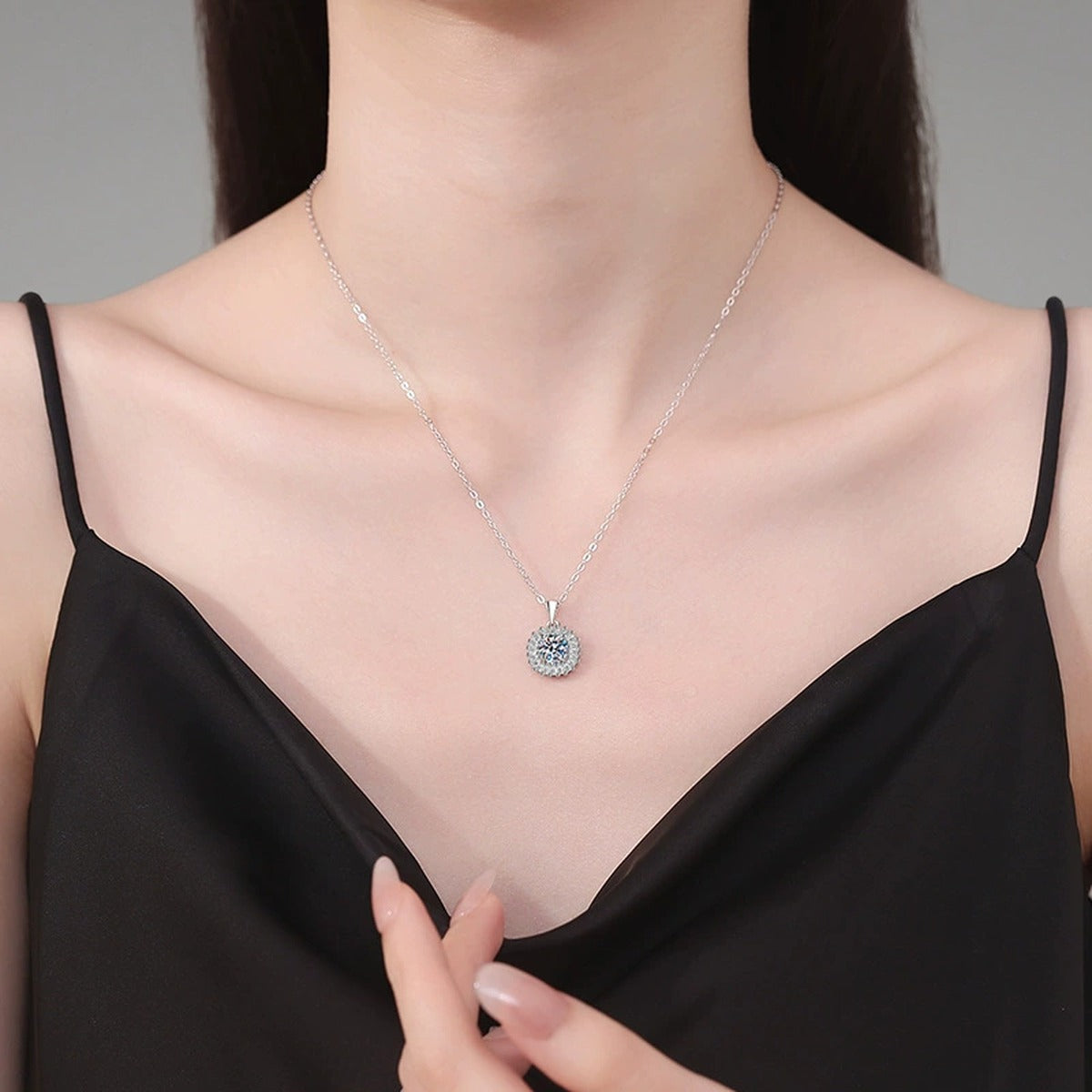 Baguette Halo Moissanite Pendant Necklace in Platinum-Plated S925 Sterling Silver worn on neckline by model