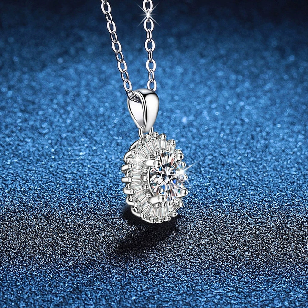 Baguette Halo Moissanite Pendant Necklace in Platinum-Plated S925 Sterling Silver blue background product view
