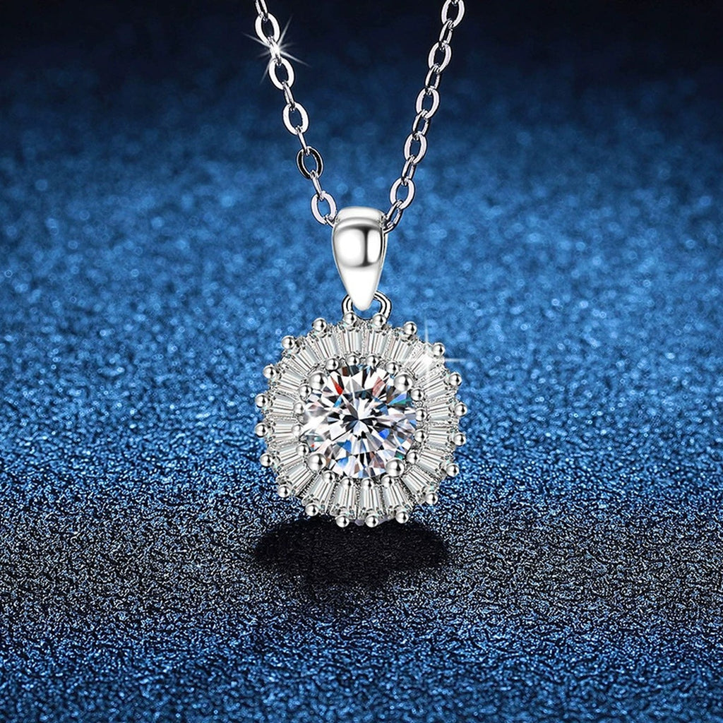 Baguette Halo Moissanite Pendant Necklace in Platinum-Plated S925 Sterling Silver blue background close-up view