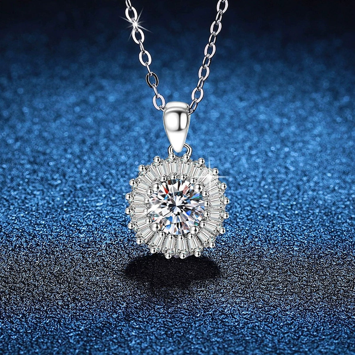 Baguette Halo Moissanite Pendant Necklace in Platinum-Plated S925 Sterling Silver blue background close-up view