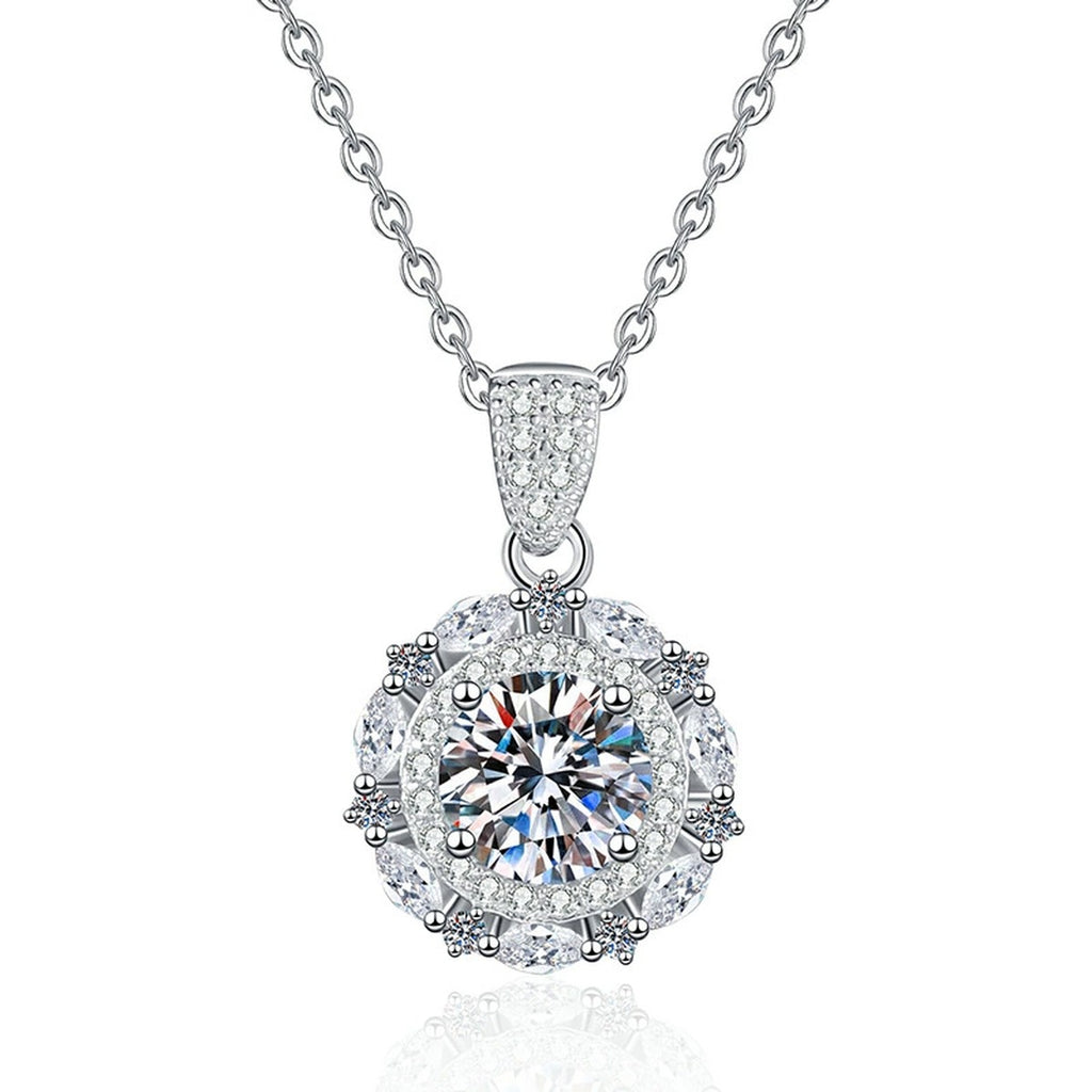 Round Halo Moissanite Pendant Necklace in Platinum-Plated S925 Sterling Silver on clean white background
