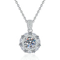 Round Halo Moissanite Pendant Necklace in Platinum-Plated S925 Sterling Silver on clean white background