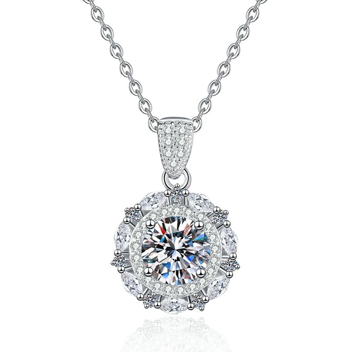 Round Halo Moissanite Pendant Necklace in Platinum-Plated S925 Sterling Silver on clean white background