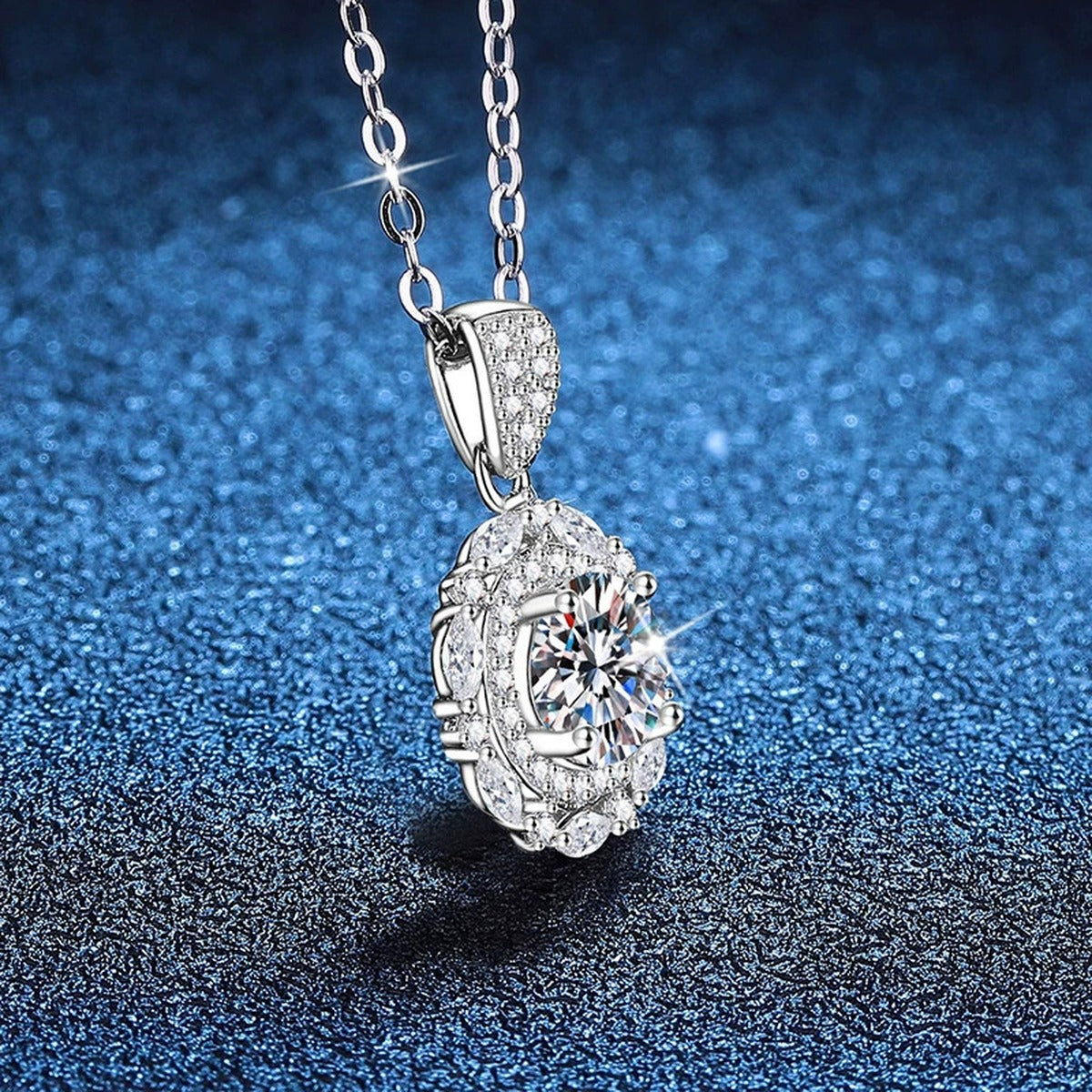 Round Halo Moissanite Pendant Necklace in Platinum-Plated S925 Sterling Silver blue background product view