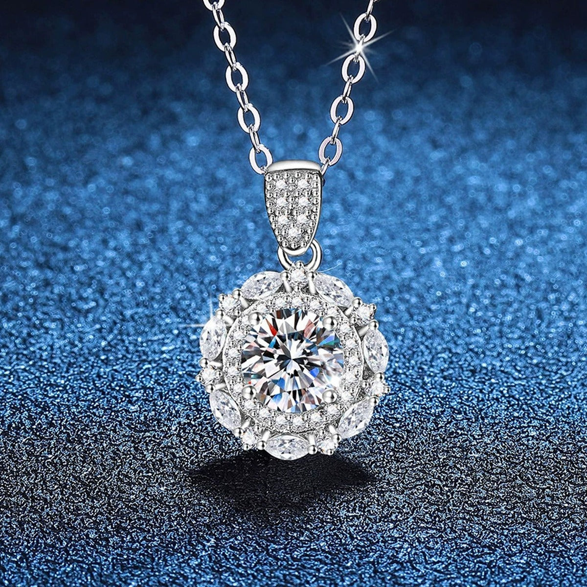 Round Halo Moissanite Pendant Necklace in Platinum-Plated S925 Sterling Silver blue background close-up view
