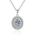 Round Baguette Halo Moissanite Pendant Necklace in Platinum-Plated S925 Sterling Silver on clean white background