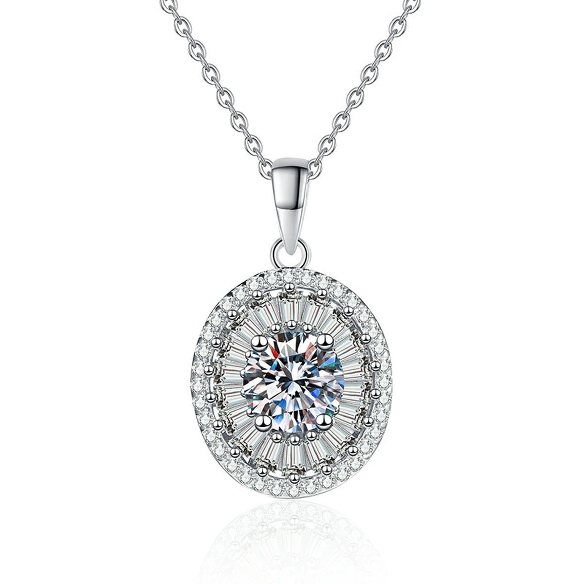 Round Baguette Halo Moissanite Pendant Necklace in Platinum-Plated S925 Sterling Silver on clean white background