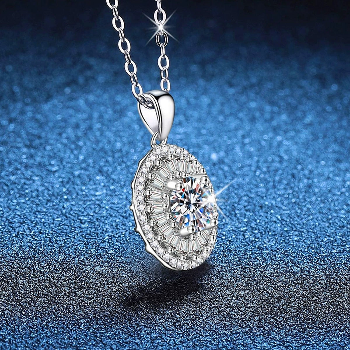 Round Baguette Halo Moissanite Pendant Necklace in Platinum-Plated S925 Sterling Silver blue background product view