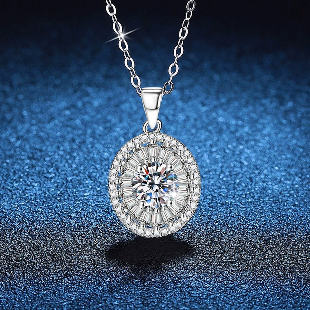 Round Baguette Halo Moissanite Pendant Necklace in Platinum-Plated S925 Sterling Silver blue background close-up view