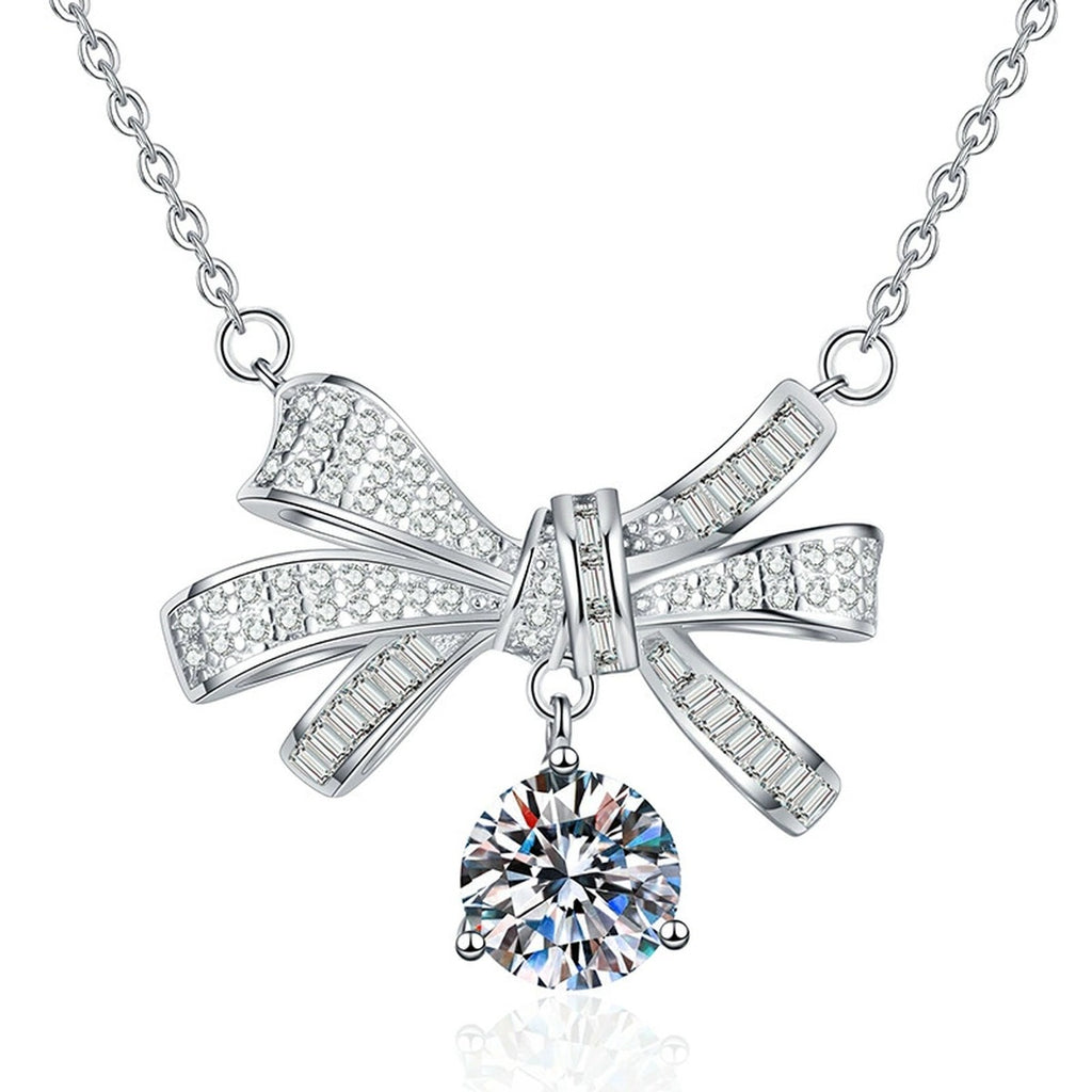 Bow Drop Moissanite Pendant Necklace in Platinum-Plated S925 Sterling Silver on clean white background