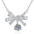 Bow Drop Moissanite Pendant Necklace in Platinum-Plated S925 Sterling Silver on clean white background
