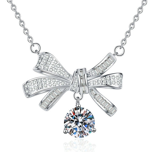 Bow Drop Moissanite Pendant Necklace in Platinum-Plated S925 Sterling Silver on clean white background