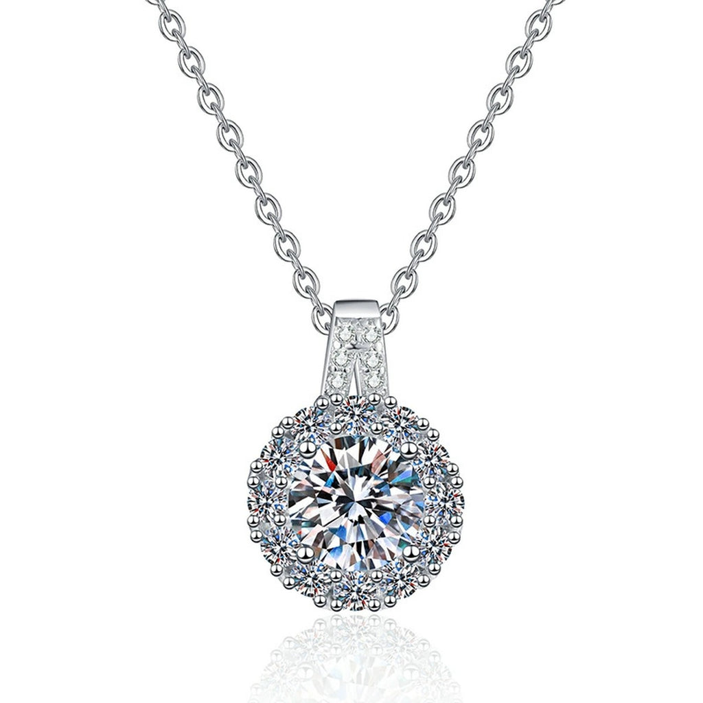 Round Halo Moissanite Pendant Necklace in Platinum-Plated S925 Sterling Silver on clean white background