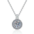 Round Halo Moissanite Pendant Necklace in Platinum-Plated S925 Sterling Silver on clean white background