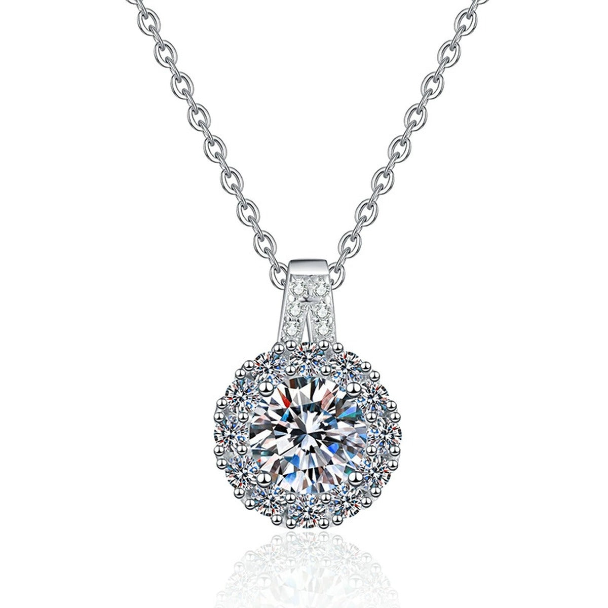 Round Halo Moissanite Pendant Necklace in Platinum-Plated S925 Sterling Silver on clean white background
