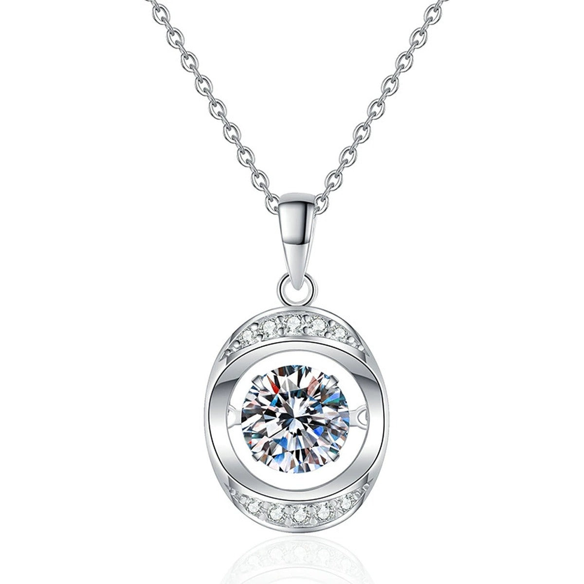 Round Orbital Halo Moissanite Pendant Necklace in Platinum-Plated S925 Sterling Silver on clean white background