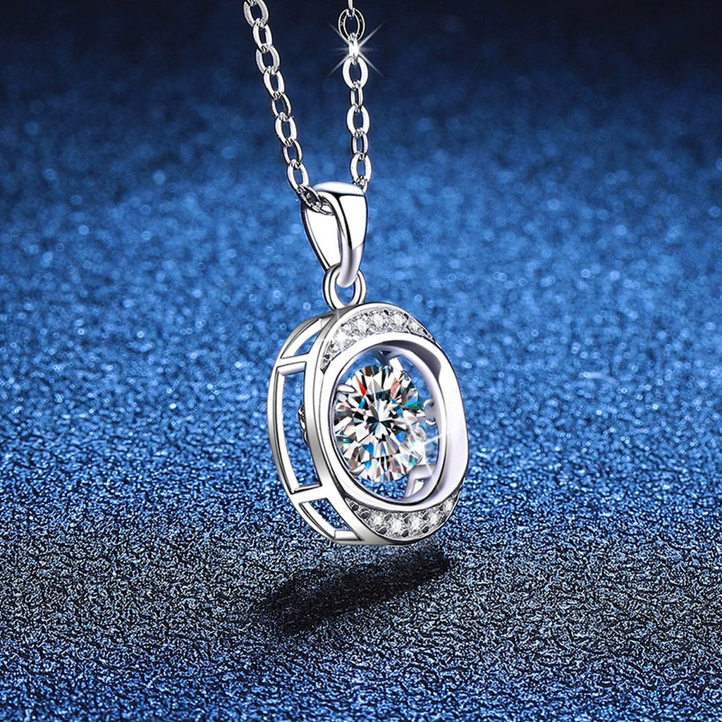 Round Orbital Halo Moissanite Pendant Necklace in Platinum-Plated S925 Sterling Silver blue background product view