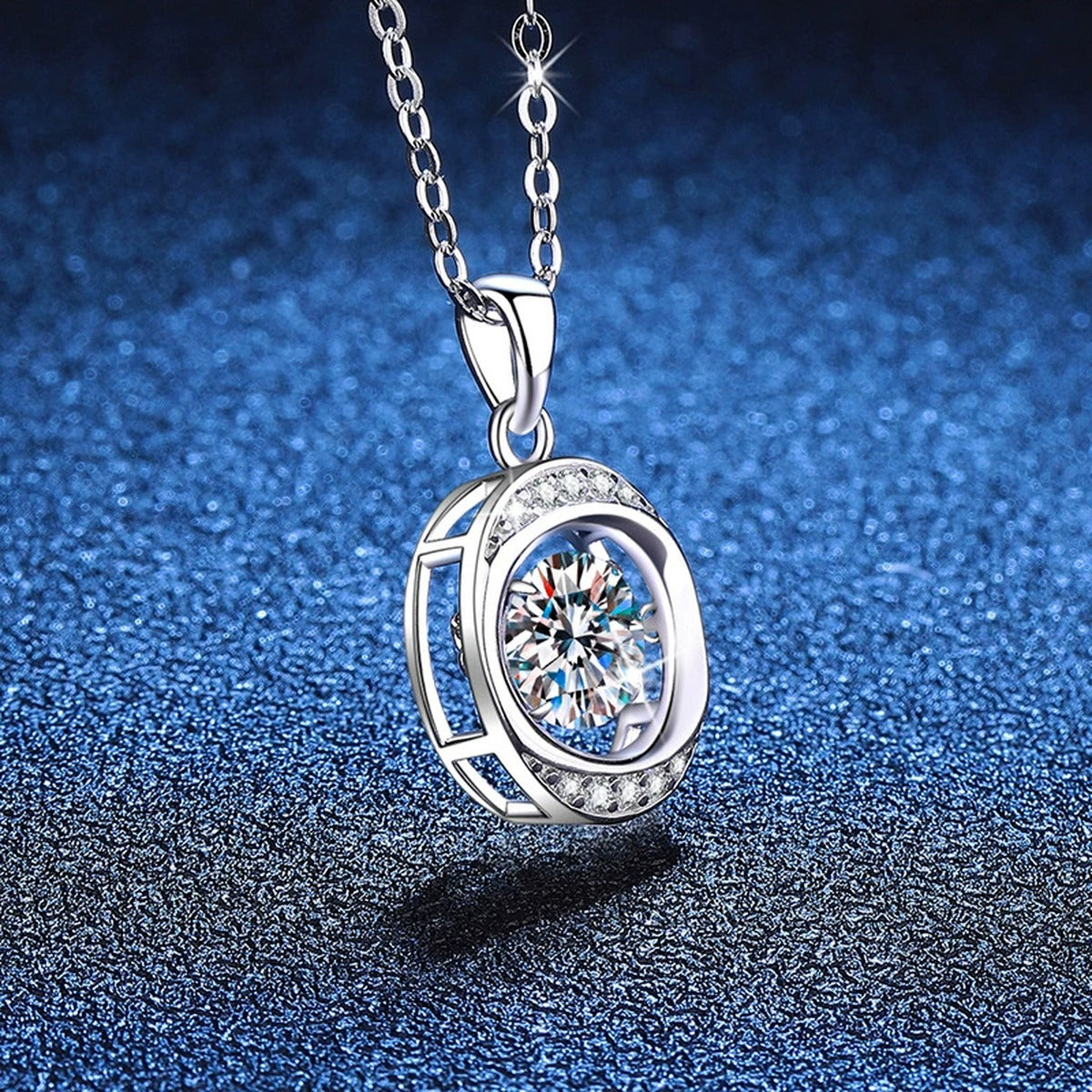 Round Orbital Halo Moissanite Pendant Necklace in Platinum-Plated S925 Sterling Silver blue background product view