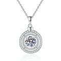 Heart Charm Round Halo Moissanite Pendant Necklace in Platinum-Plated S925 Sterling Silver on clean white background
