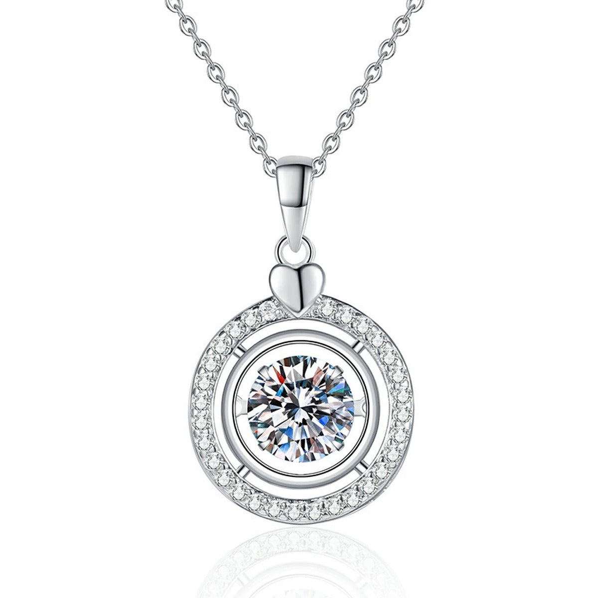 Heart Charm Round Halo Moissanite Pendant Necklace in Platinum-Plated S925 Sterling Silver on clean white background
