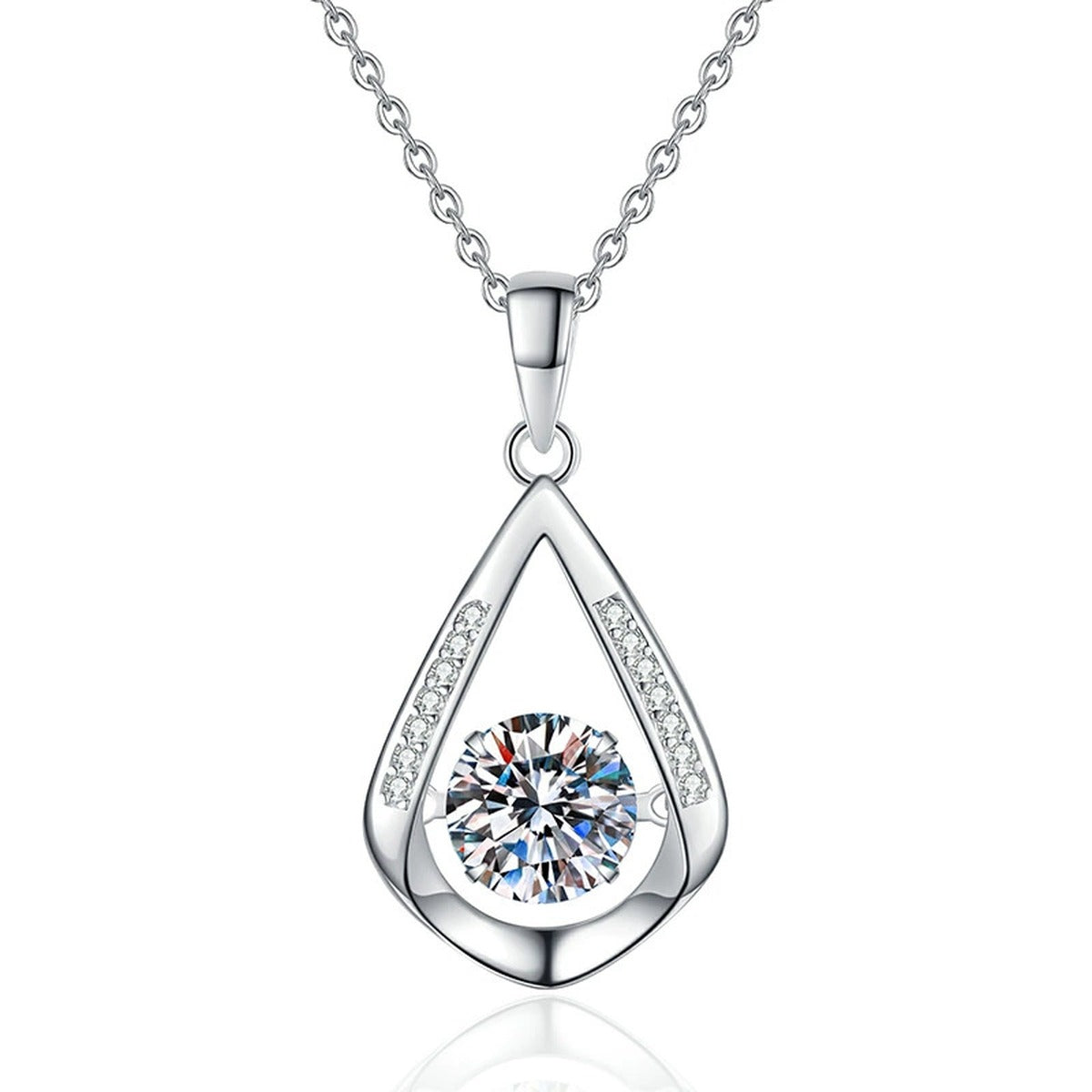 Teardrop Halo Moissanite Pendant Necklace in Platinum-Plated S925 Sterling Silver on clean white background