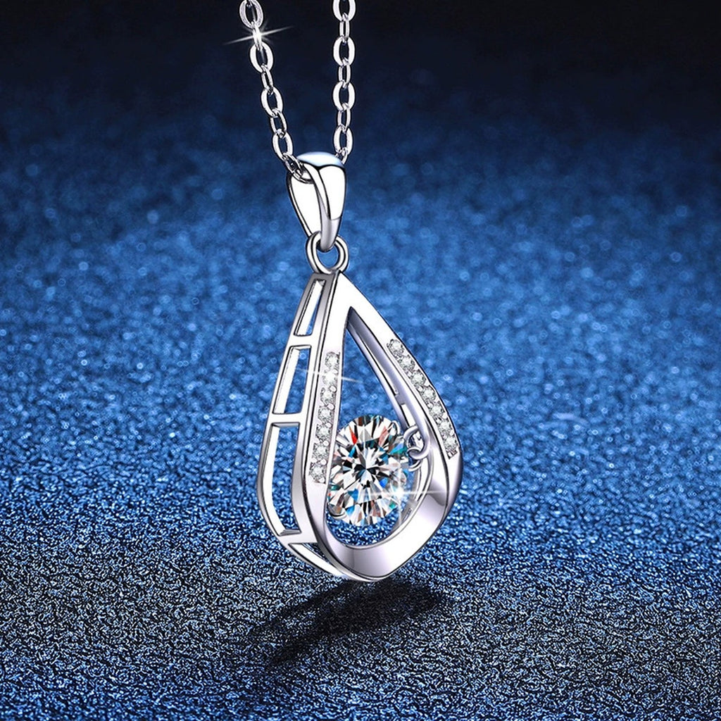 Teardrop Halo Moissanite Pendant Necklace in Platinum-Plated S925 Sterling Silver blue background product view