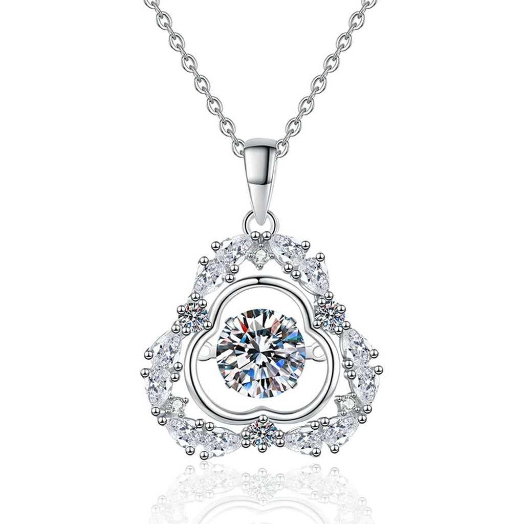 Ornate Clover Halo Moissanite Pendant Necklace in Platinum-Plated S925 Sterling Silver on clean white background