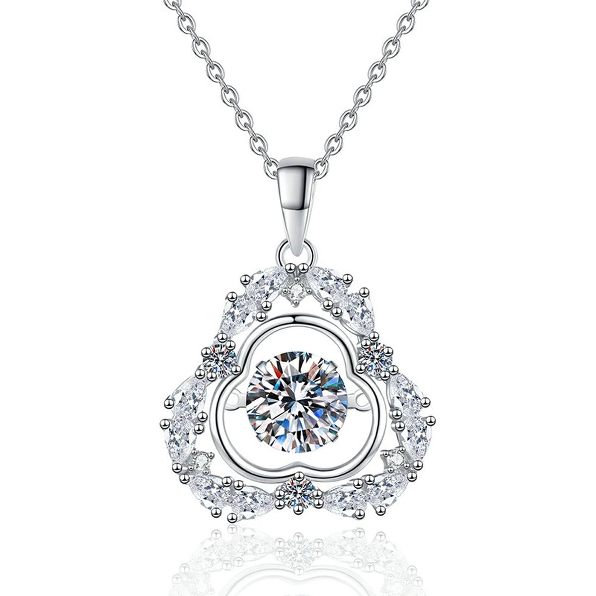 Ornate Clover Halo Moissanite Pendant Necklace in Platinum-Plated S925 Sterling Silver on clean white background