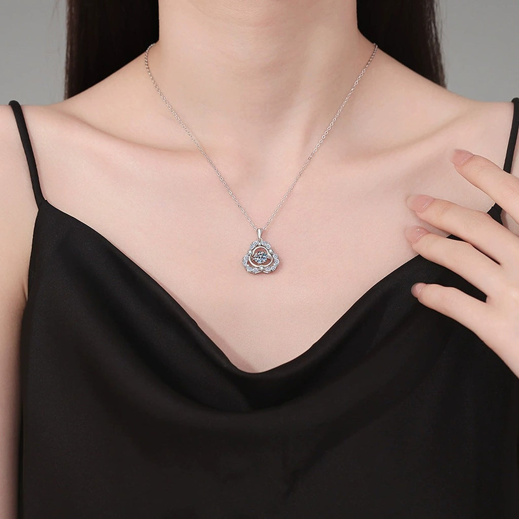 Ornate Clover Halo Moissanite Pendant Necklace in Platinum-Plated S925 Sterling Silver worn on neckline by model