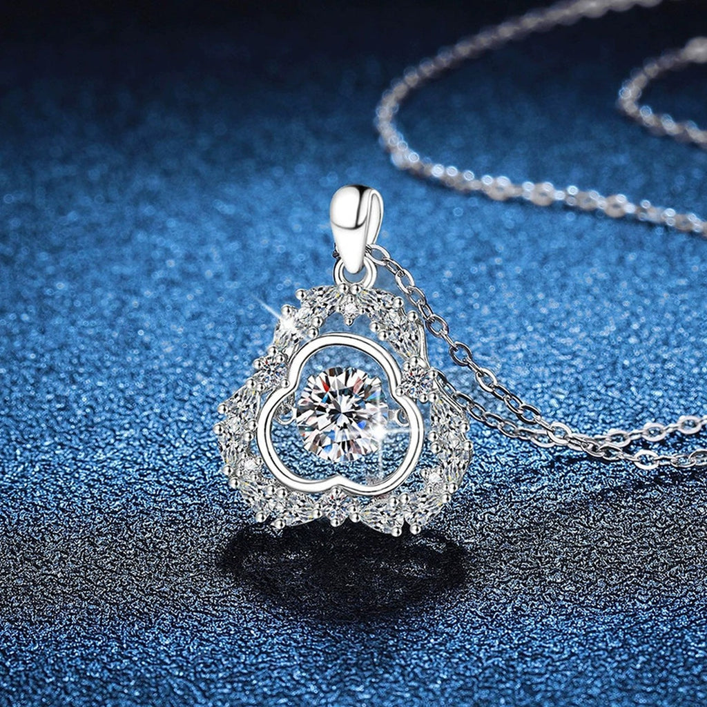 Ornate Clover Halo Moissanite Pendant Necklace in Platinum-Plated S925 Sterling Silver blue background product view