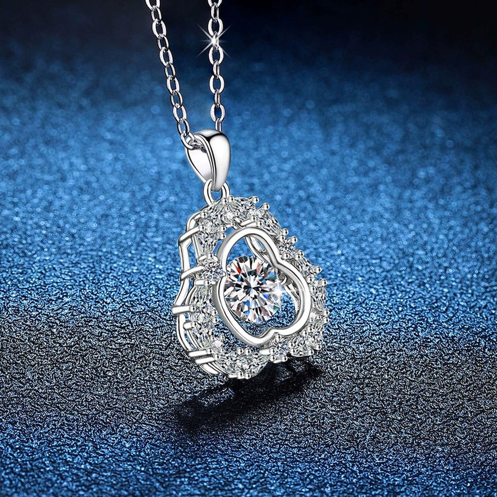 Ornate Clover Halo Moissanite Pendant Necklace in Platinum-Plated S925 Sterling Silver blue background angled view