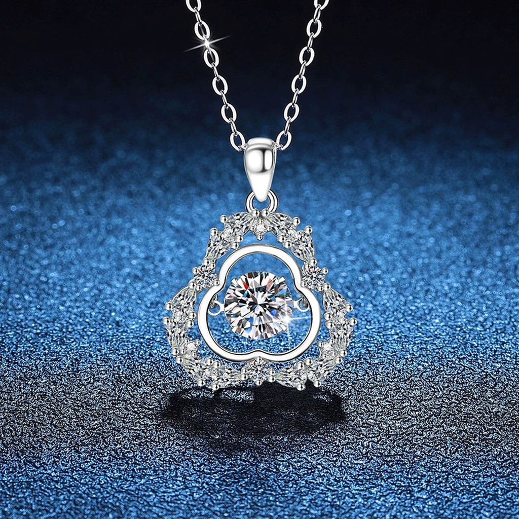 Ornate Clover Halo Moissanite Pendant Necklace in Platinum-Plated S925 Sterling Silver blue background close-up view