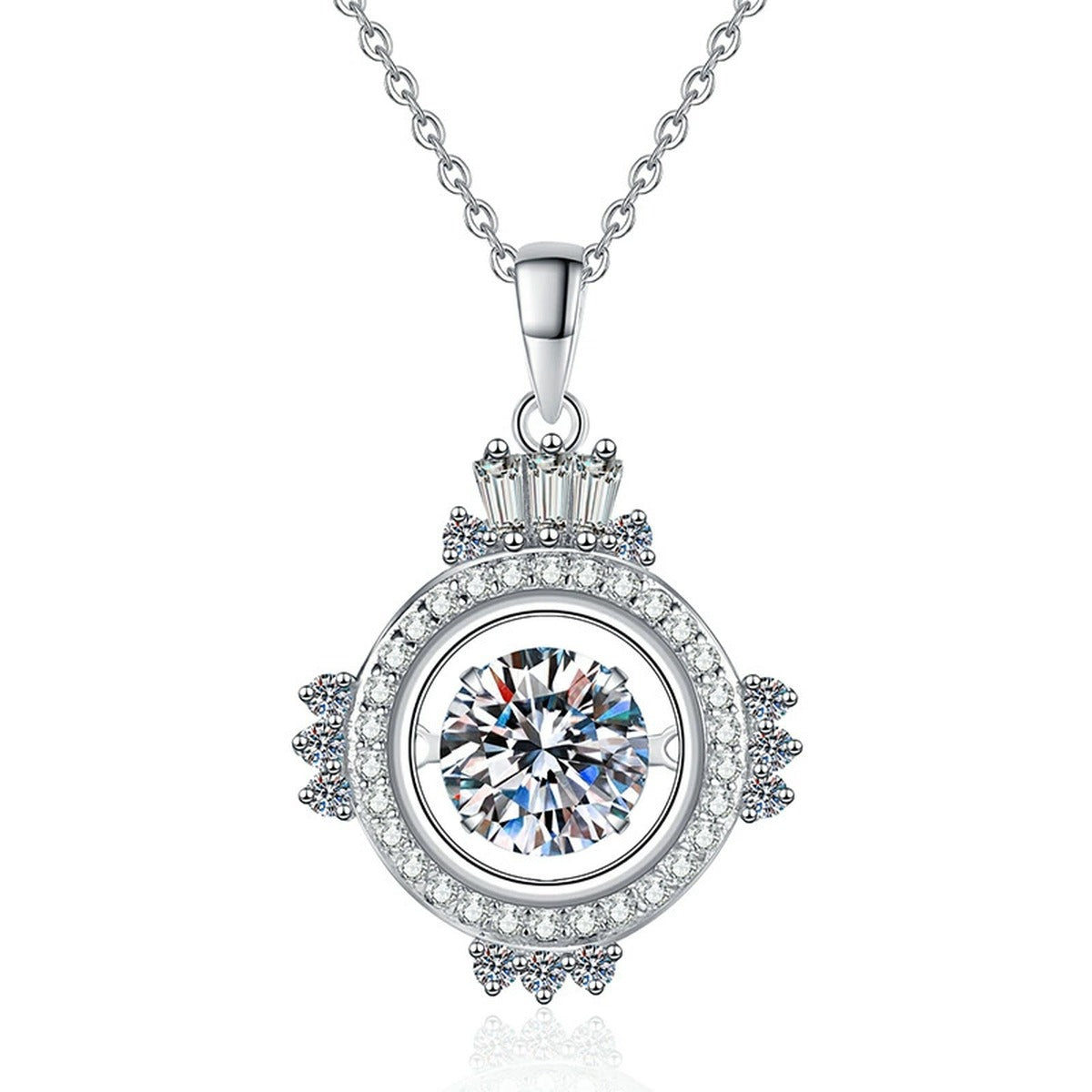 Compass Halo Moissanite Pendant Necklace in Platinum-Plated S925 Sterling Silver on clean white background