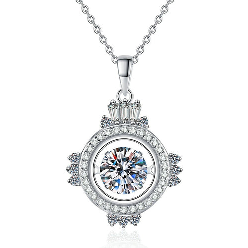 Compass Halo Moissanite Pendant Necklace in Platinum-Plated S925 Sterling Silver on clean white background