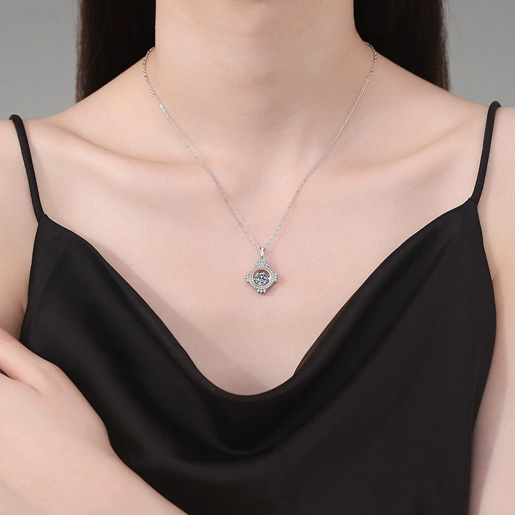 Compass Halo Moissanite Pendant Necklace in Platinum-Plated S925 Sterling Silver worn on neckline by model