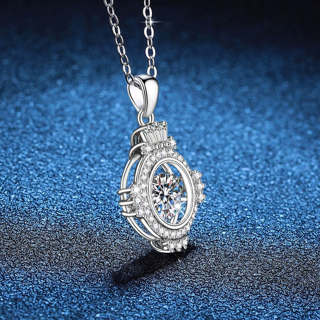 Compass Halo Moissanite Pendant Necklace in Platinum-Plated S925 Sterling Silver blue background product view