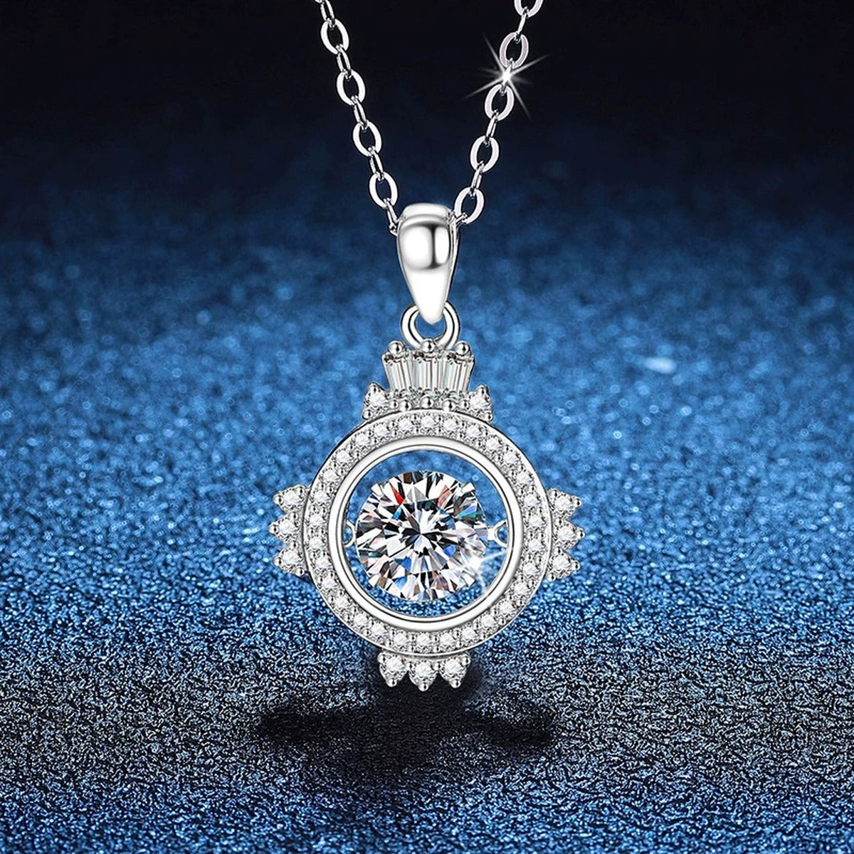 Compass Halo Moissanite Pendant Necklace in Platinum-Plated S925 Sterling Silver blue background angled view