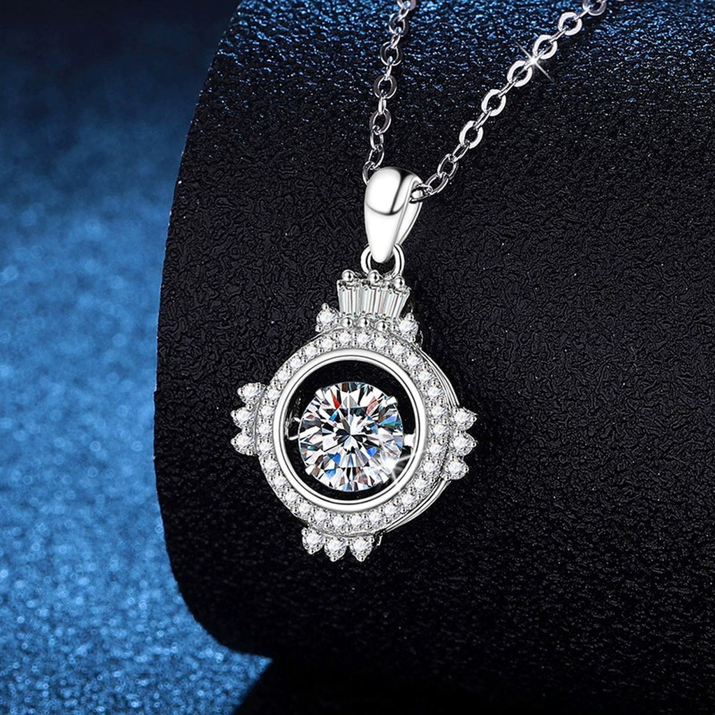 Compass Halo Moissanite Pendant Necklace in Platinum-Plated S925 Sterling Silver dark background product display view