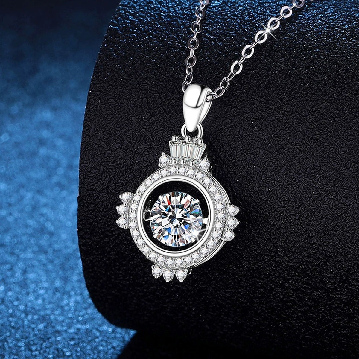 Compass Halo Moissanite Pendant Necklace in Platinum-Plated S925 Sterling Silver dark background product display view